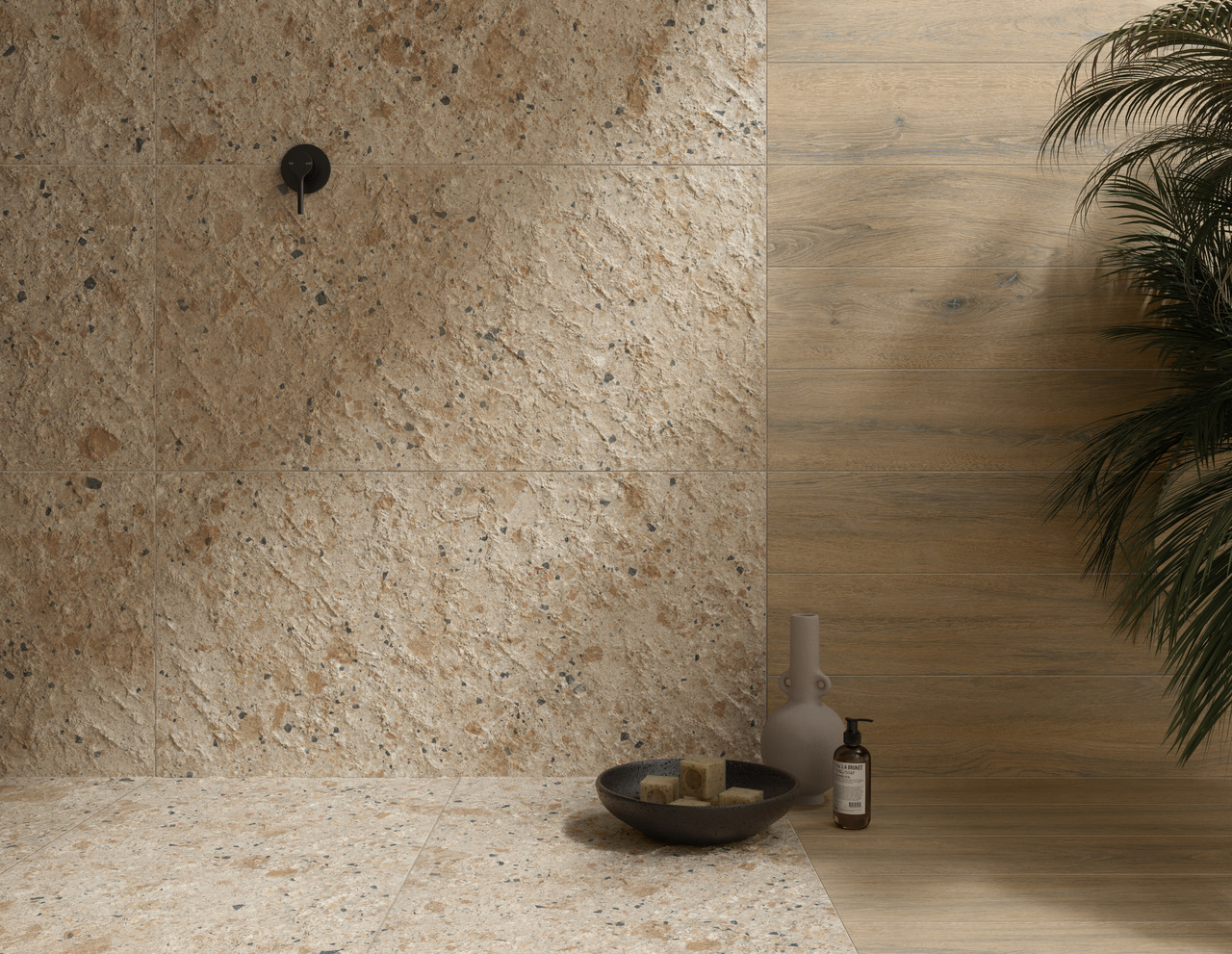 Modern bathroom with beige textured stone-look porcelain tiles, black shower fixture, and wood-look porcelain wall tiles, creating a warm and natural aesthetic.