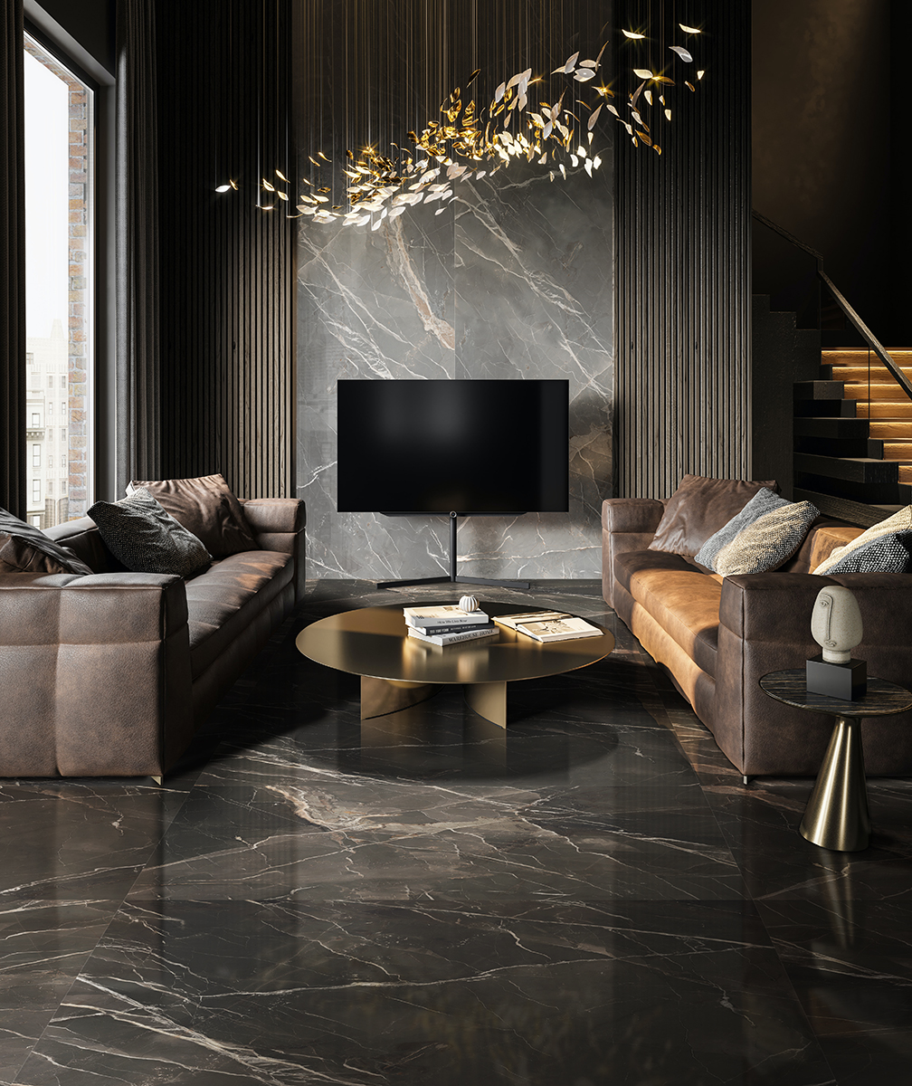 Thunder Rumble Dark Grey Marble Look Polished Italian Porcelain Slab 4696