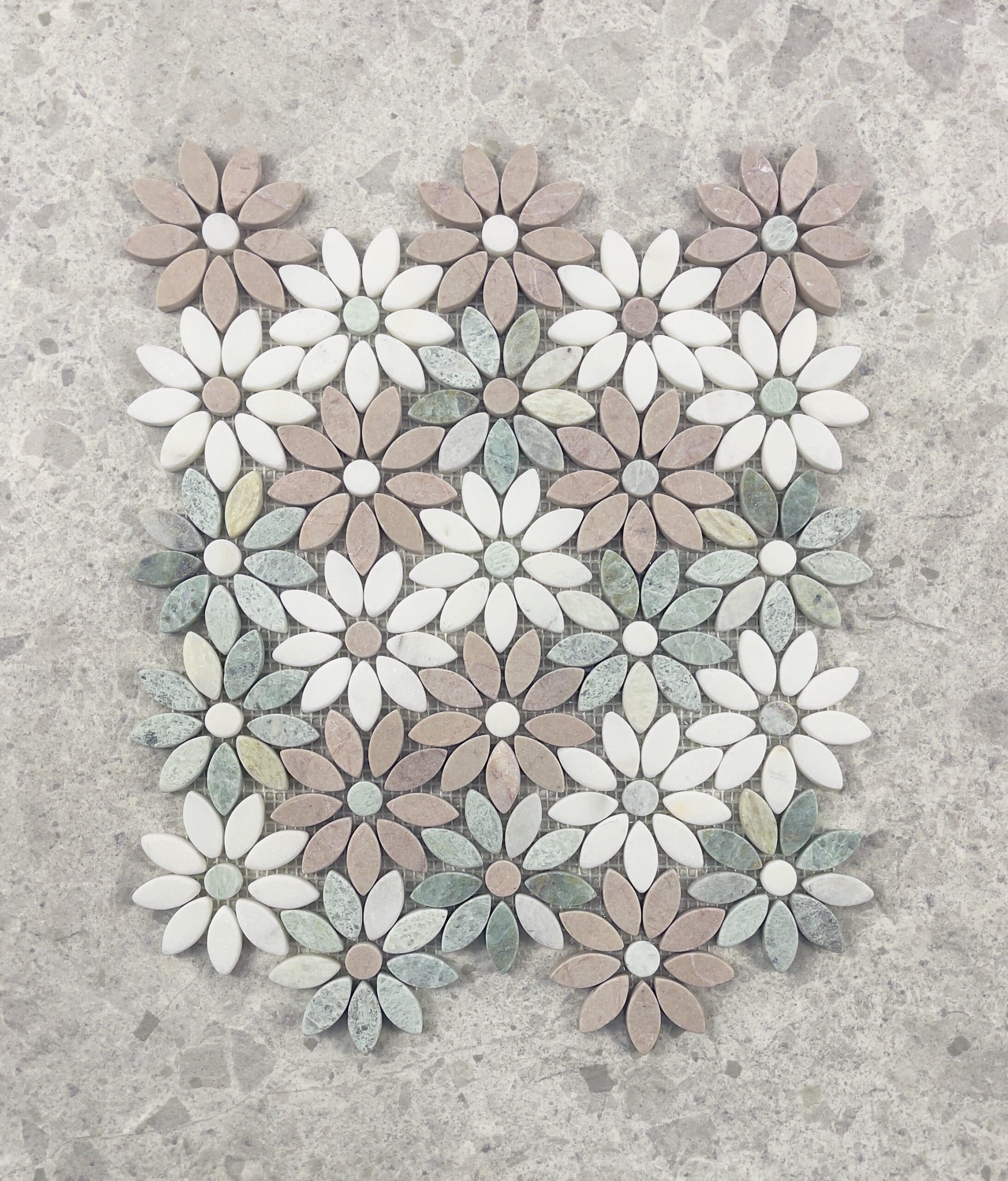 Daisy Flower Green and Pink Tumbled Marble Mosaic 7748