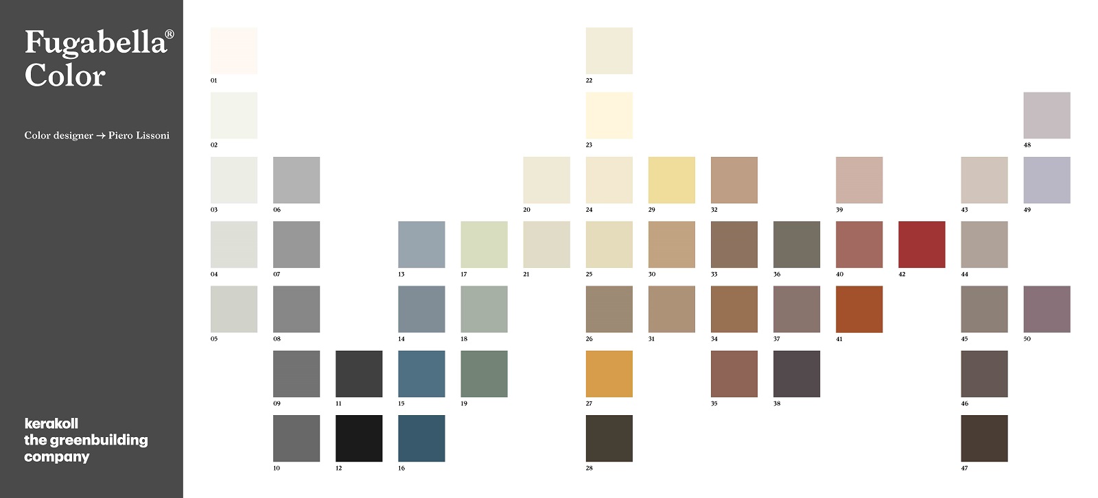Grout colour chart from Kerakoll's Fugabella grout range