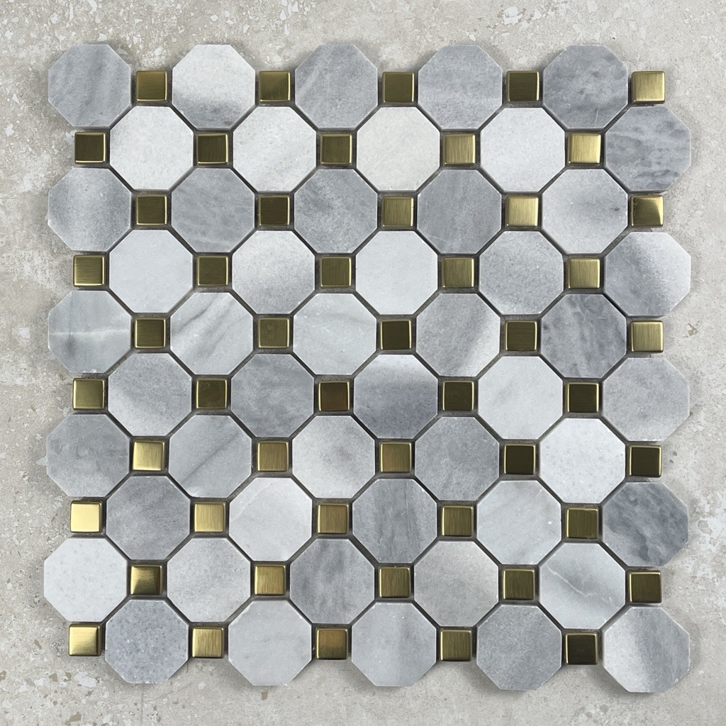 Octagon Grey Marble with Gold Dot Mosaic 7735