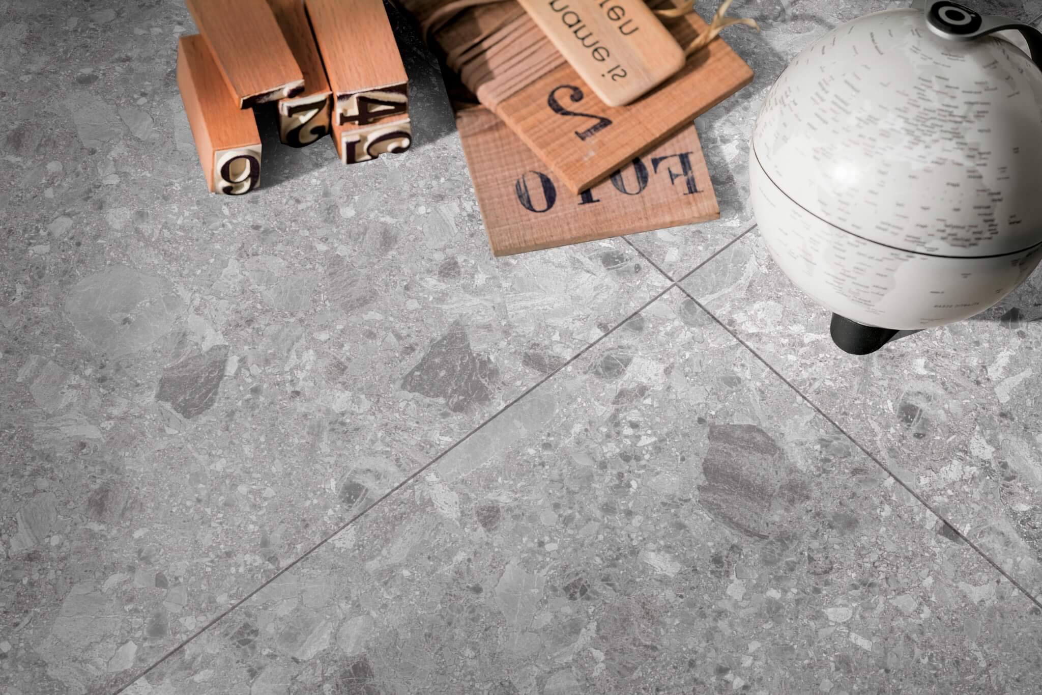 Breccia Mid Grey Terrazzo Look In/Out Rectified Porcelain Tile 3683