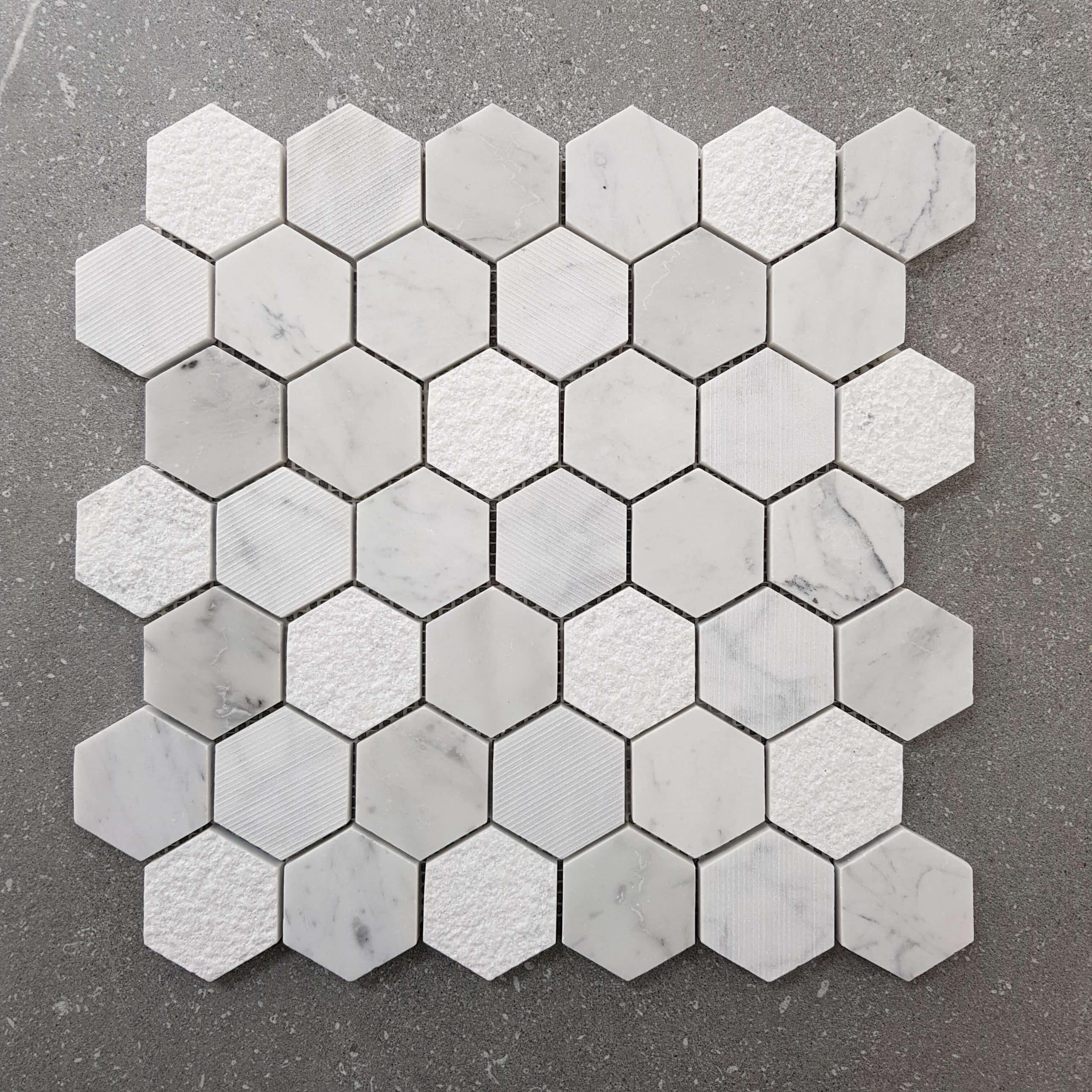 Mixed Finish Carrara 48mm Hexagon Marble Mosaic 7552